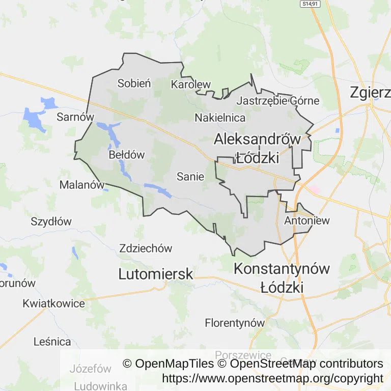 Mapa z zaznaczonym Aleksandrowie Łódzkim
