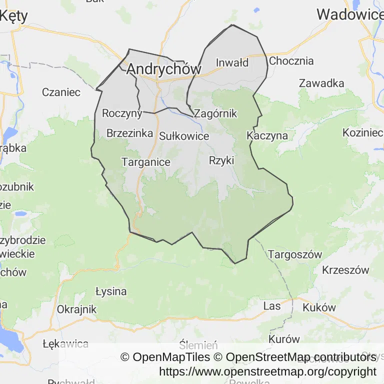 Mapa z zaznaczonym Andrychowem