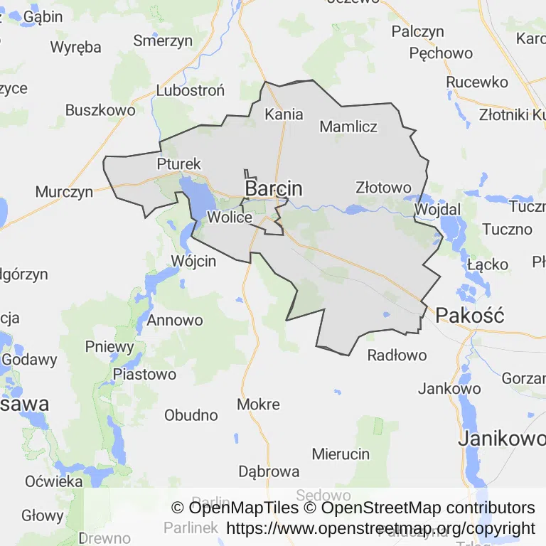 Mapa z zaznaczonym Barcinem