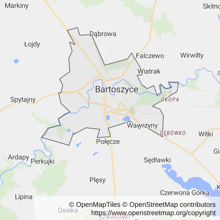 Mapa z zaznaczonymi Bartoszycami