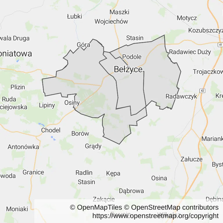 Mapa z zaznaczonymi Bełżycami