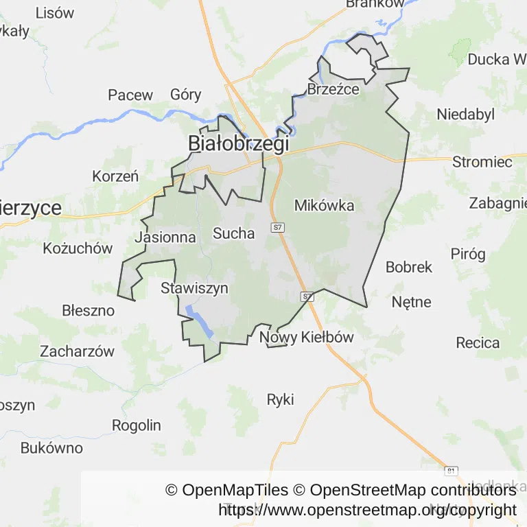 Mapa z zaznaczonym Białobrzegami