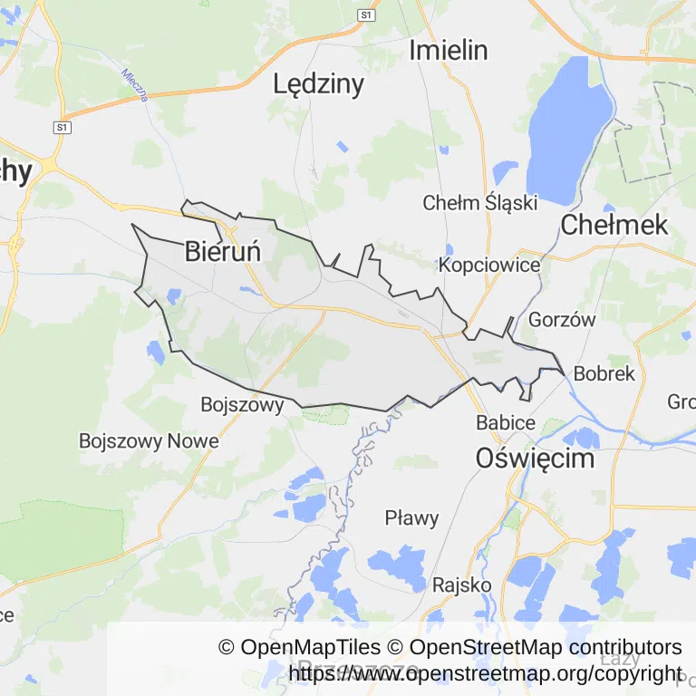 Mapa z zaznaczonym Bieruniu