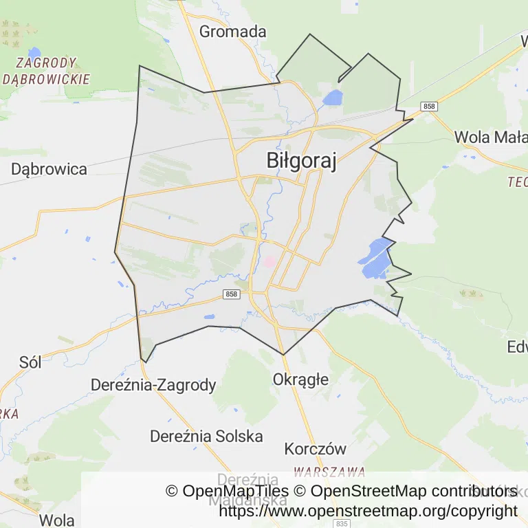 Mapa z zaznaczonym Biłgoraju