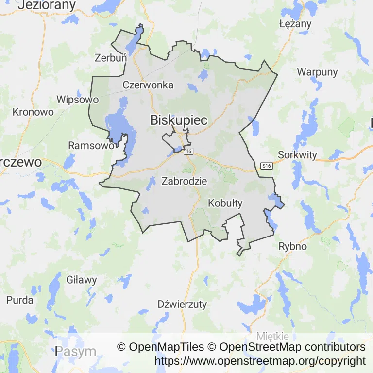 Mapa z zaznaczonym Biskupcu