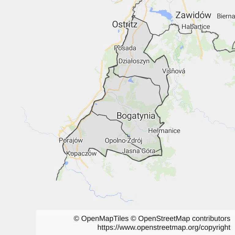 Mapa z zaznaczoną Bogatyni