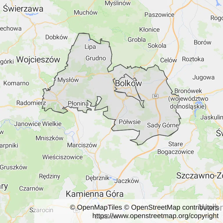 Mapa z zaznaczonym Bolkowem