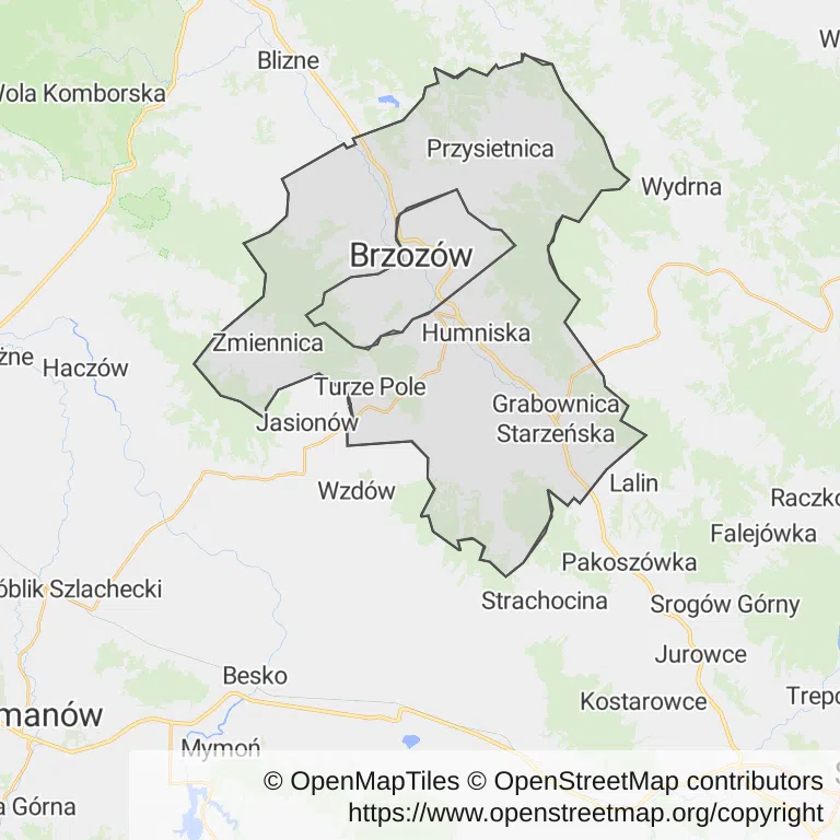 Mapa z zaznaczonym Brzozowem