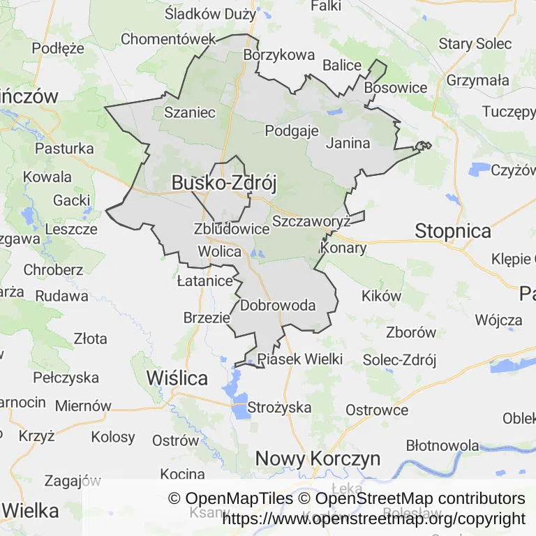 Mapa z zaznaczonym Busku-Zdroju