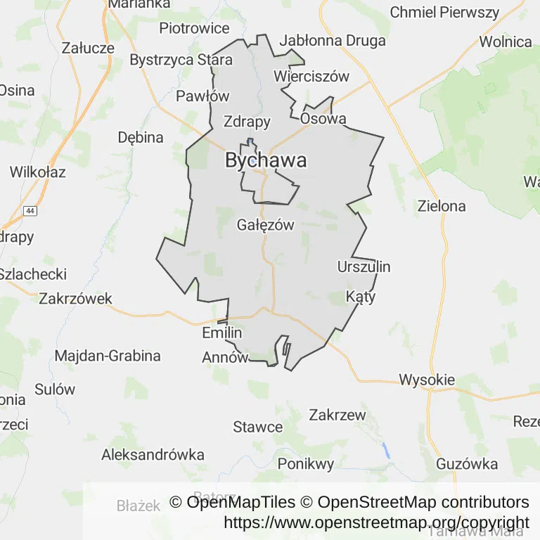 Mapa z zaznaczoną Bychawem