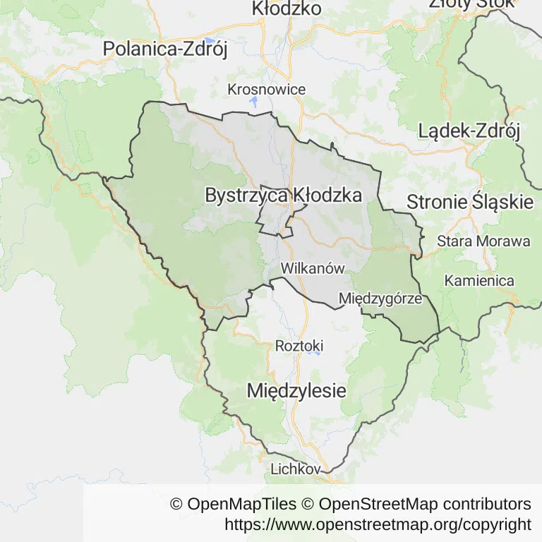 Mapa z zaznaczoną Bystrzycy Kłodzkiej