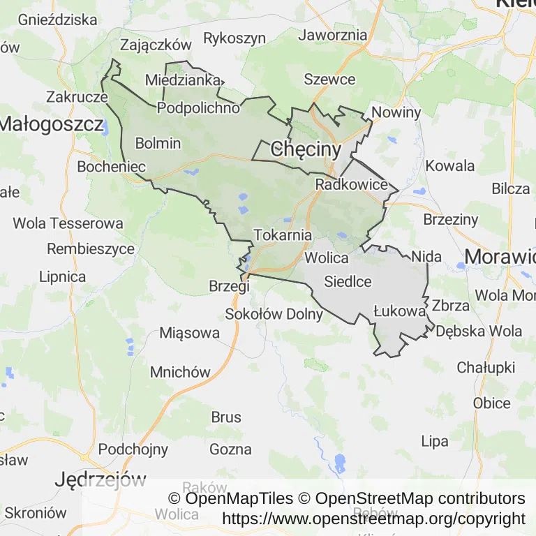 Mapa z zaznaczonym Chęcinami