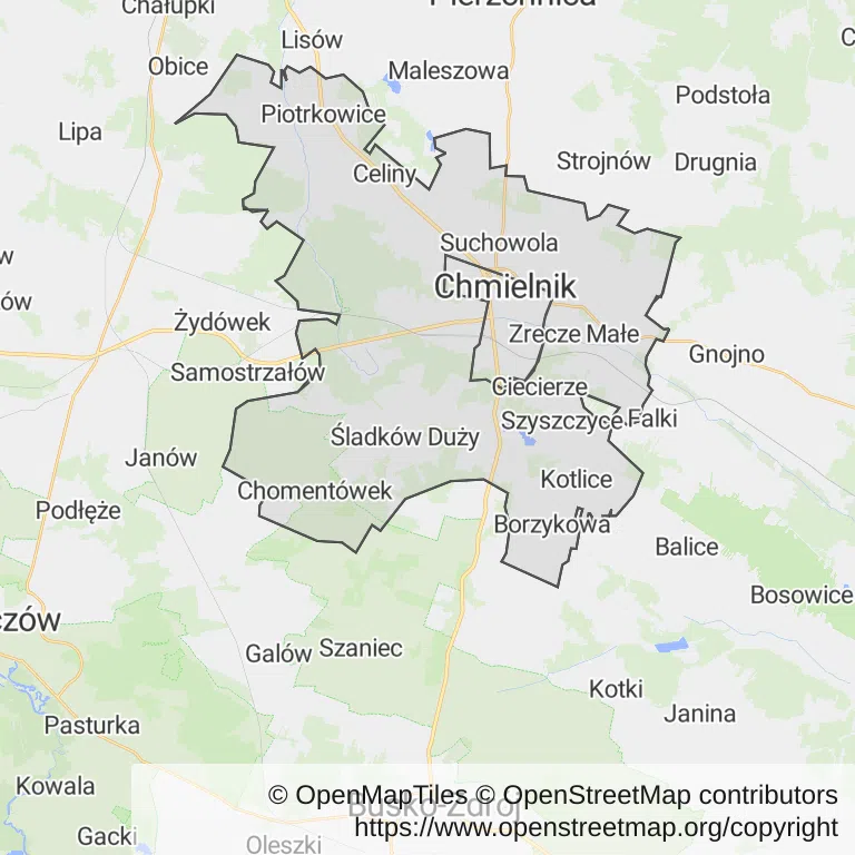 Mapa z zaznaczonym Chmielnikiem