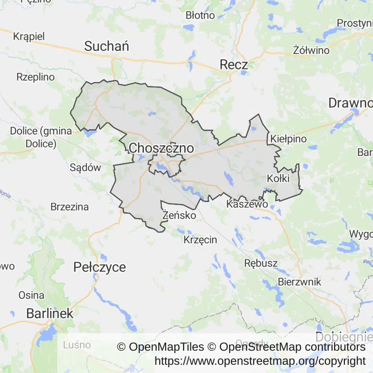 Mapa z zaznaczonym Choszcznem
