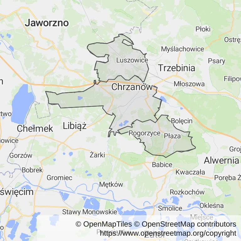 Mapa z zaznaczonym Chrzanowem