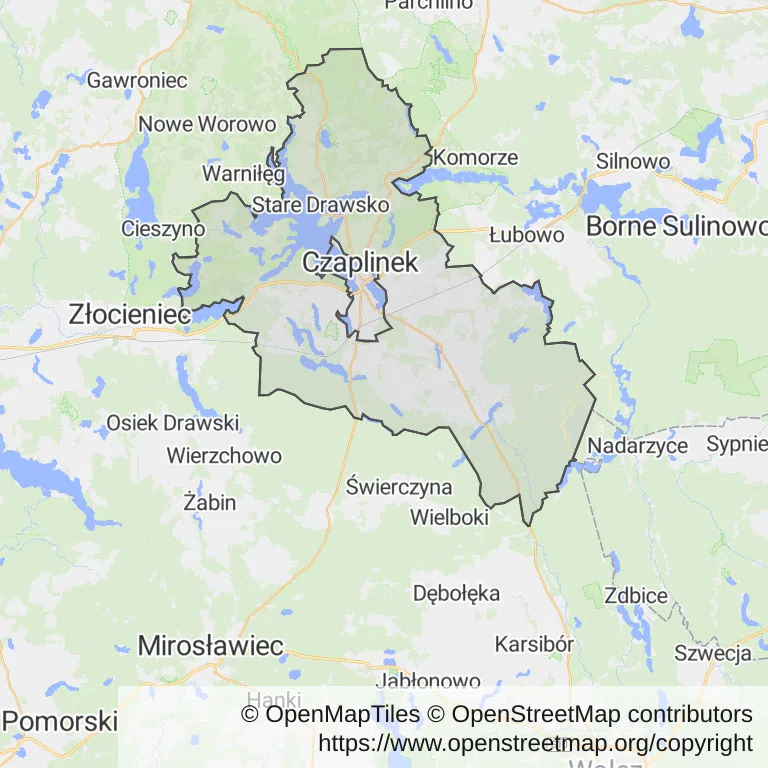 Mapa z zaznaczonym Czaplinkiem