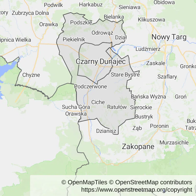 Mapa z zaznaczonym Czarnym Dunajcu