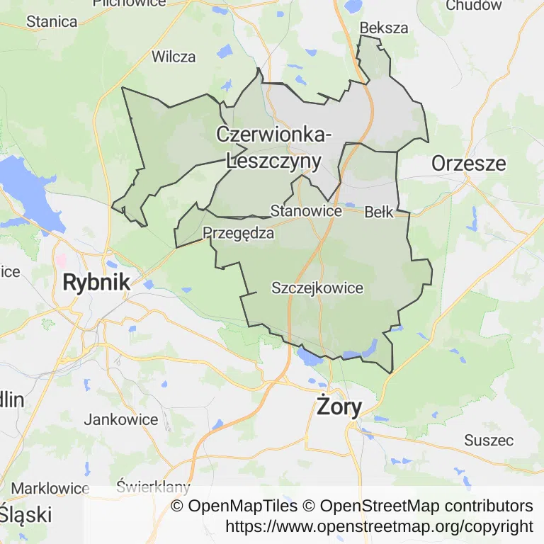 Mapa z zaznaczonym Czerwionce-Leszczynami