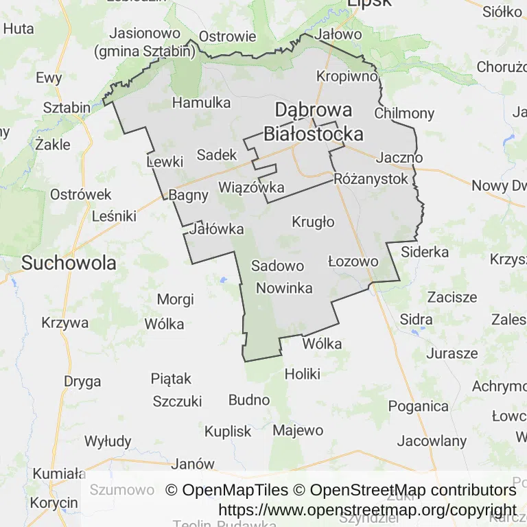 Mapa z zaznaczoną Dąbrowie Białostockiej