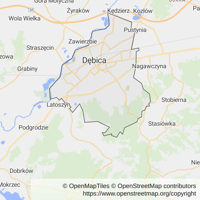 Mapa z zaznaczonym Dębicy
