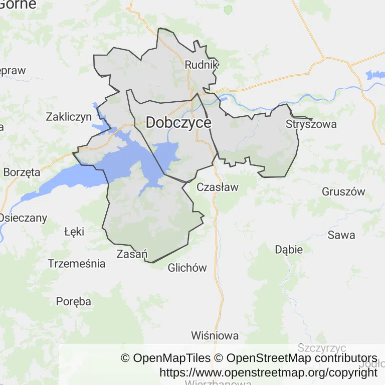 Mapa z zaznaczonymi Dobczycami