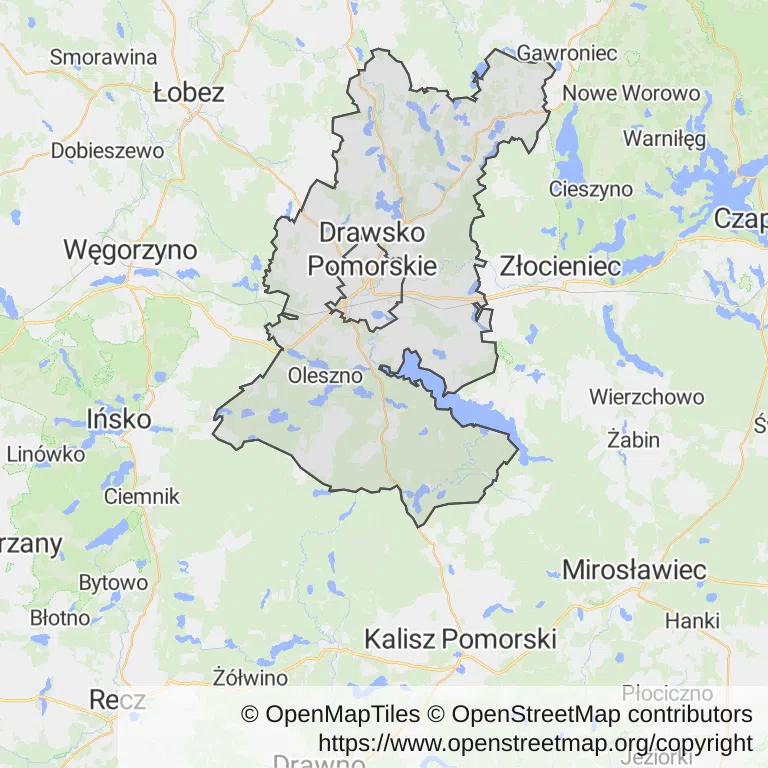 Mapa z zaznaczonym Drawsku Pomorskim