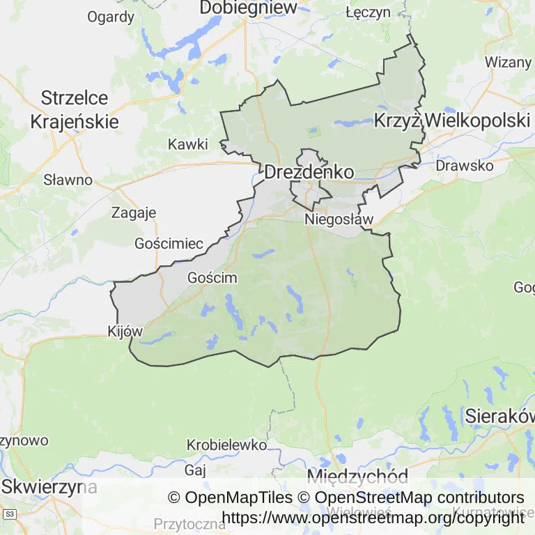 Mapa z zaznaczonym Drezdenkiem