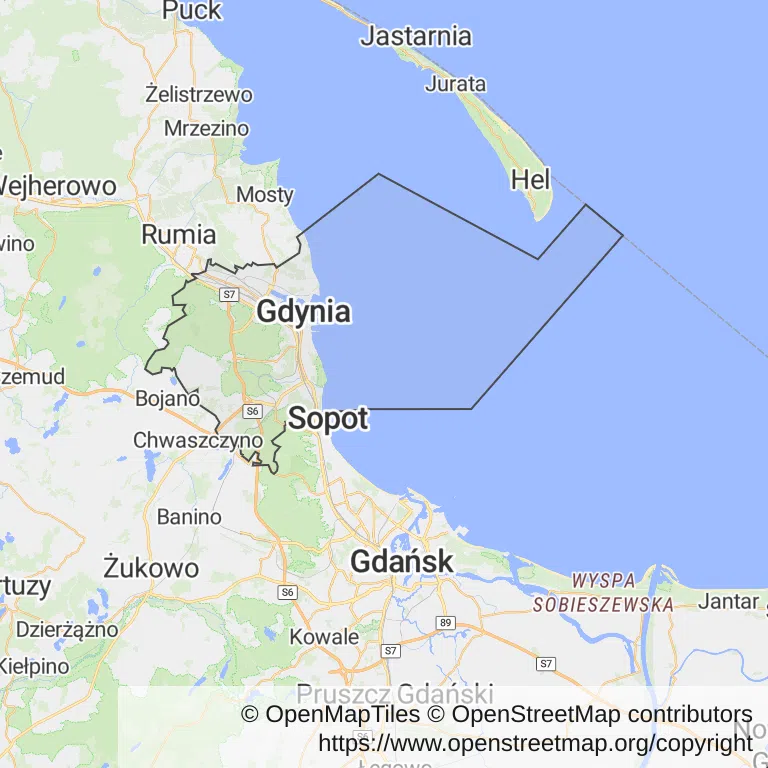Mapa z zaznaczoną Gdynią