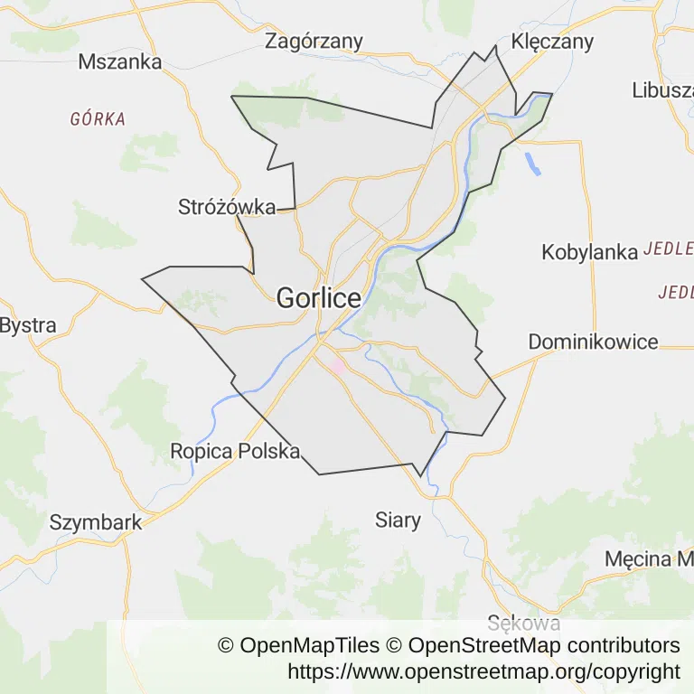Mapa z zaznaczonymi Gorlicami