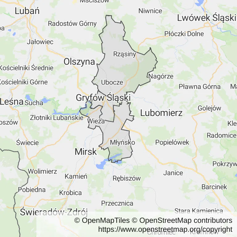 Mapa z zaznaczonym Gryfowie Śląskim