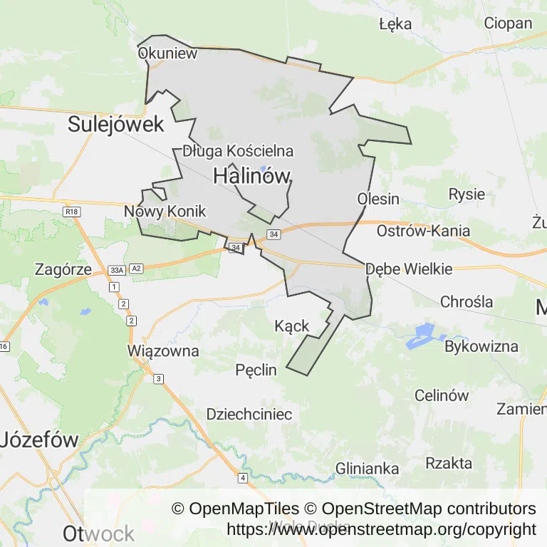 Mapa z zaznaczonym Halinowem