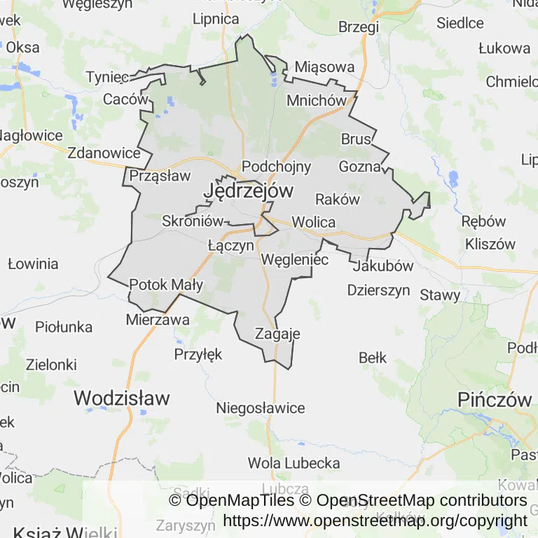 Mapa z zaznaczonym Jędrzejowem