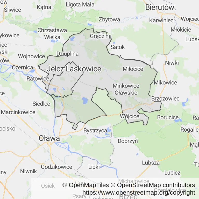 Mapa z zaznaczonymi Jelczu-Laskowicami
