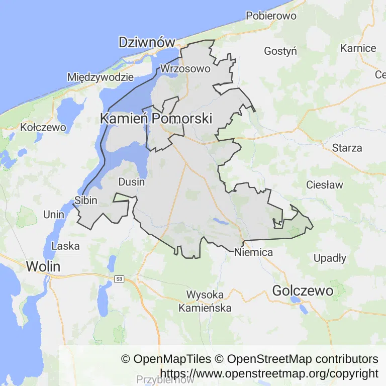 Mapa z zaznaczonym Kamieniu Pomorskim