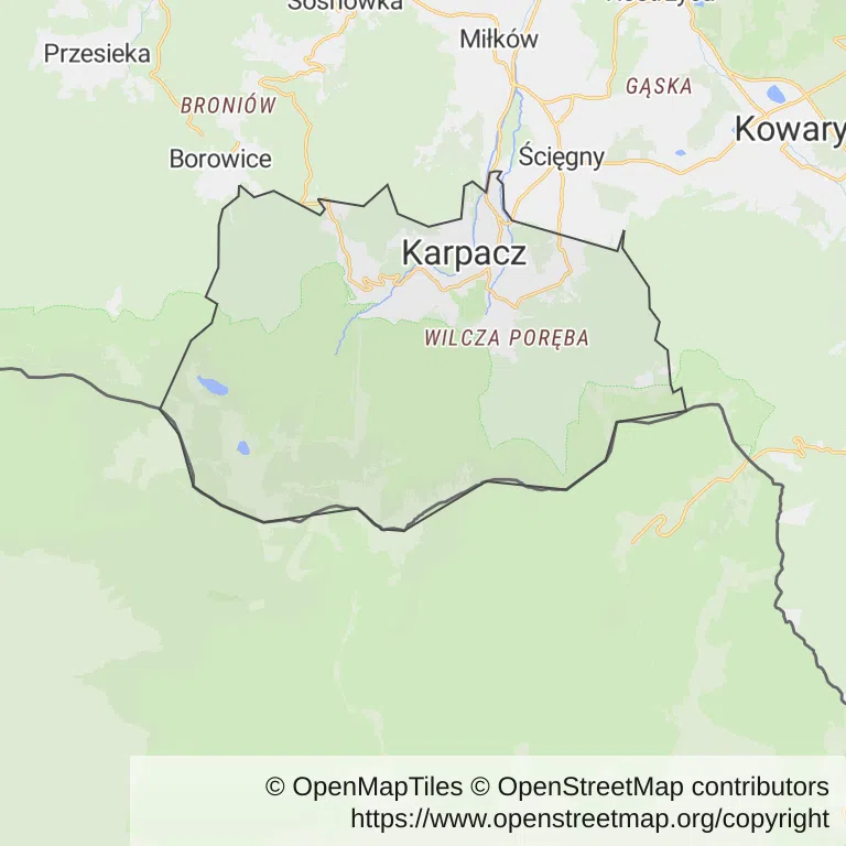 Mapa z zaznaczonym Karpaczem
