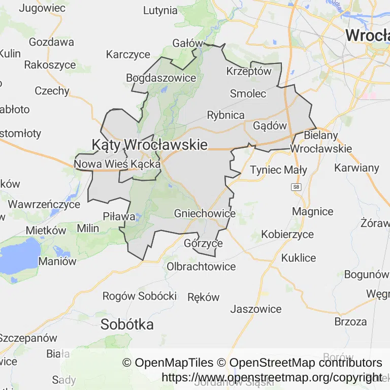 Mapa z zaznaczonym Kątach Wrocławskich