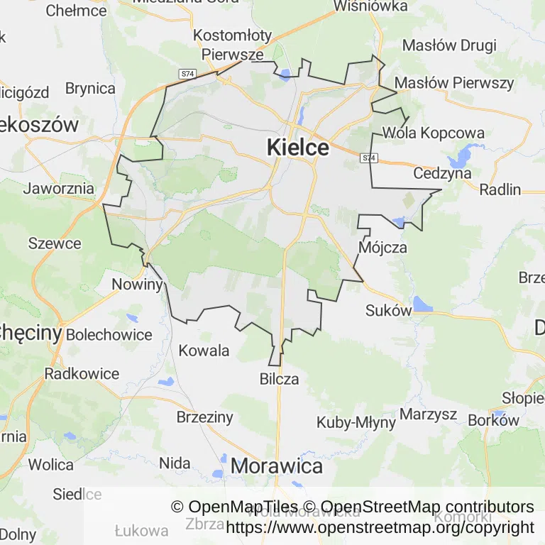 Mapa z zaznaczonymi Kielcami