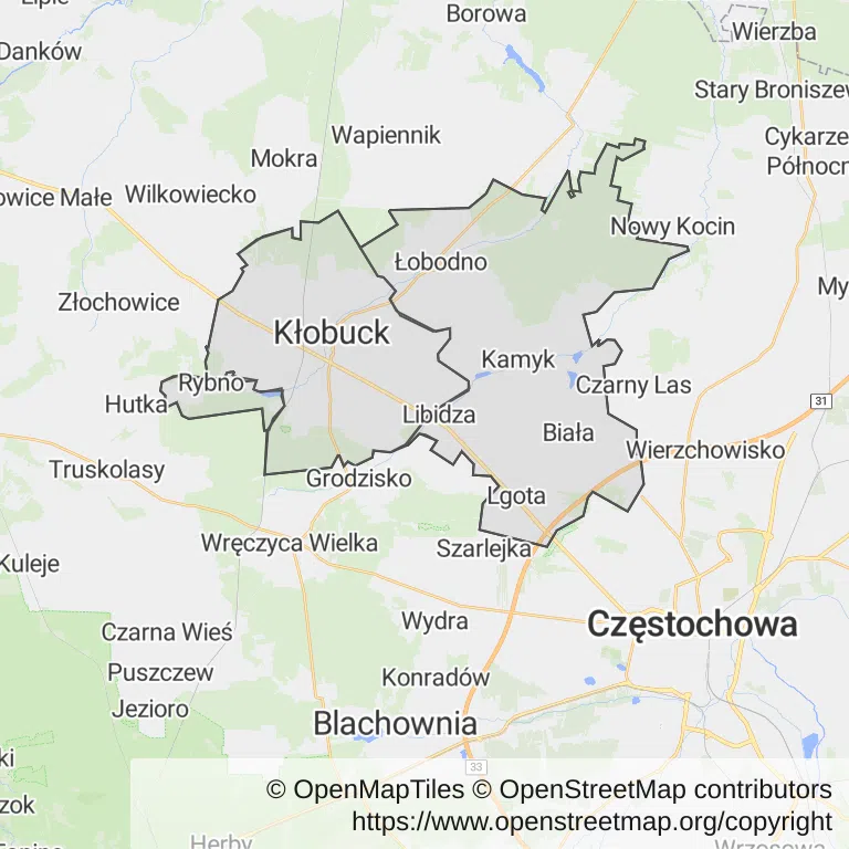 Mapa z zaznaczonym Kłobuckiem