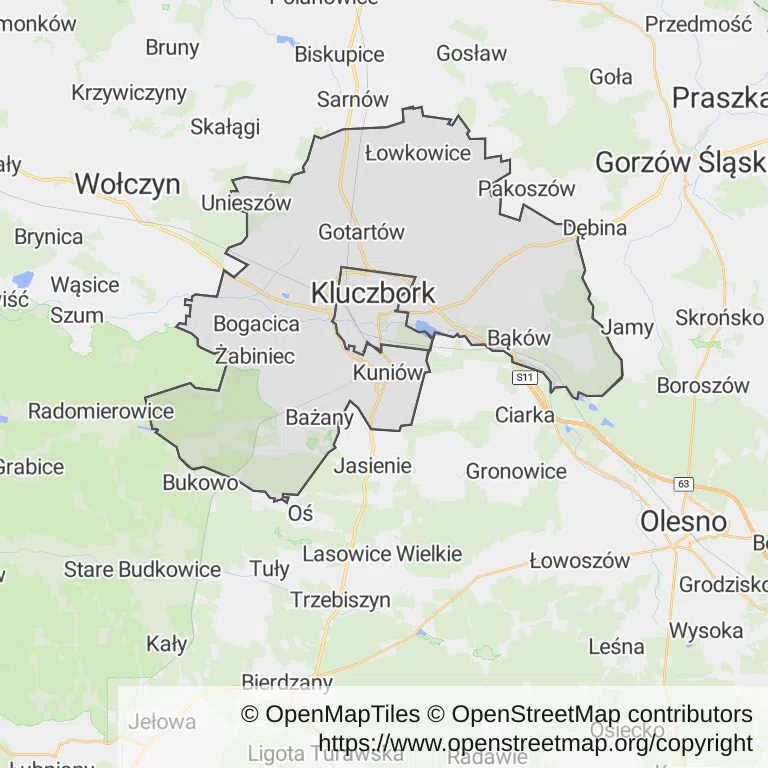 Mapa z zaznaczonym Kluczborkiem