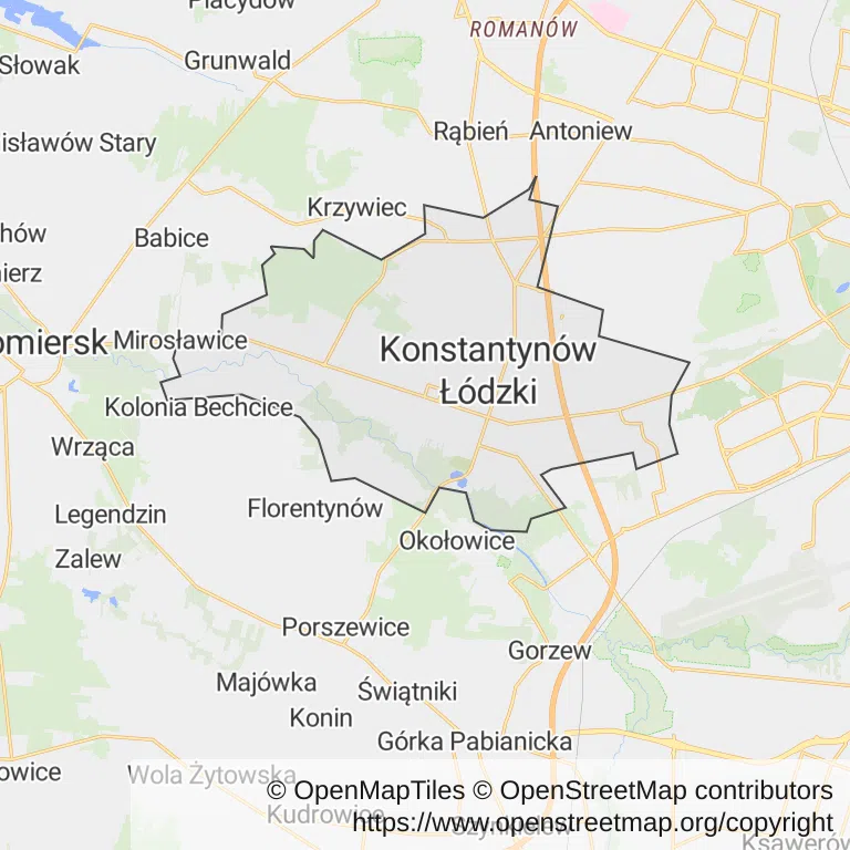 Mapa z zaznaczonym Konstantynowie Łódzkim