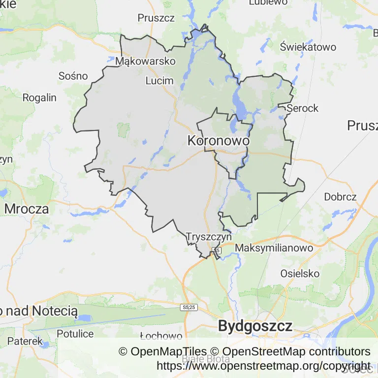 Mapa z zaznaczonym Koronowem