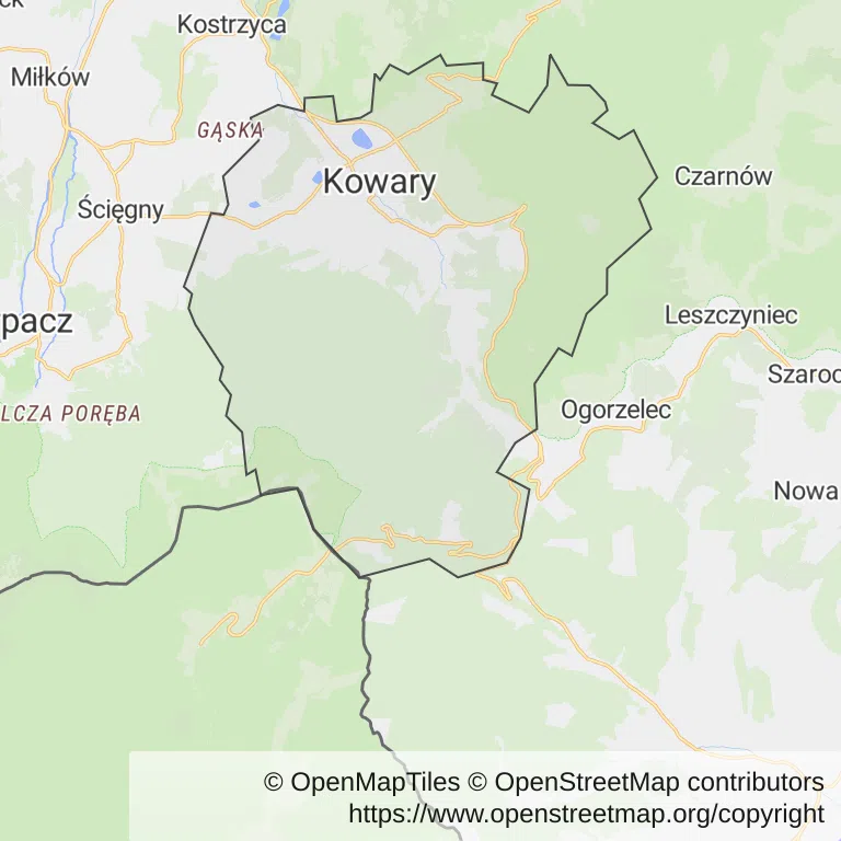 Mapa z zaznaczonym Kowarami