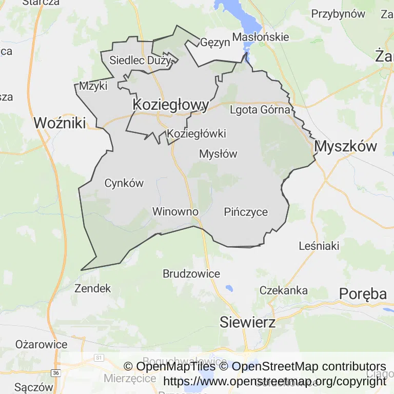 Mapa z zaznaczonym Koziegłowami