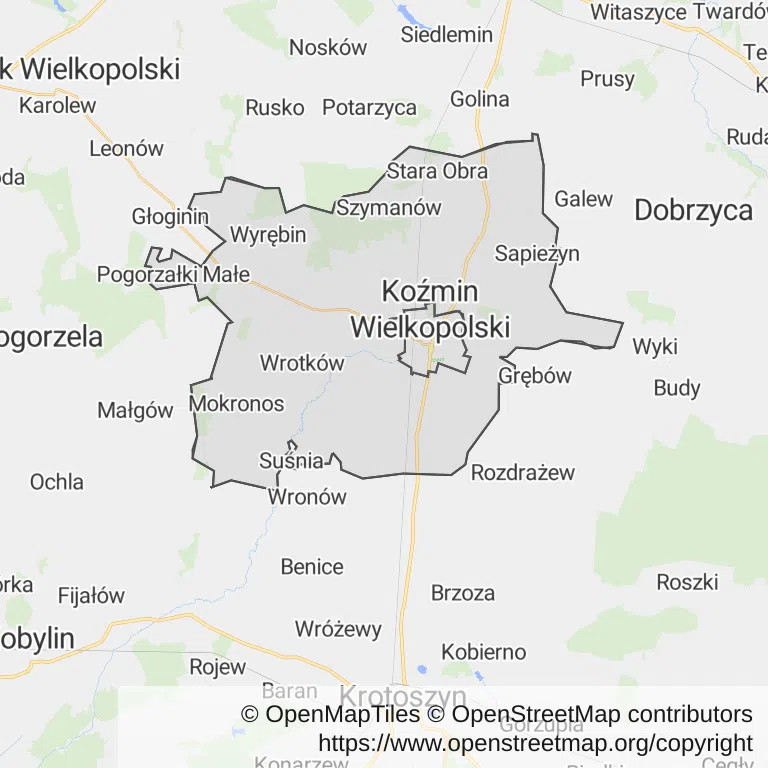 Mapa z zaznaczonym Koźminie Wielkopolskim