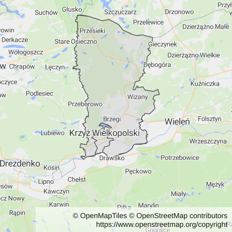 Mapa z zaznaczonym Krzyżu Wielkopolskim