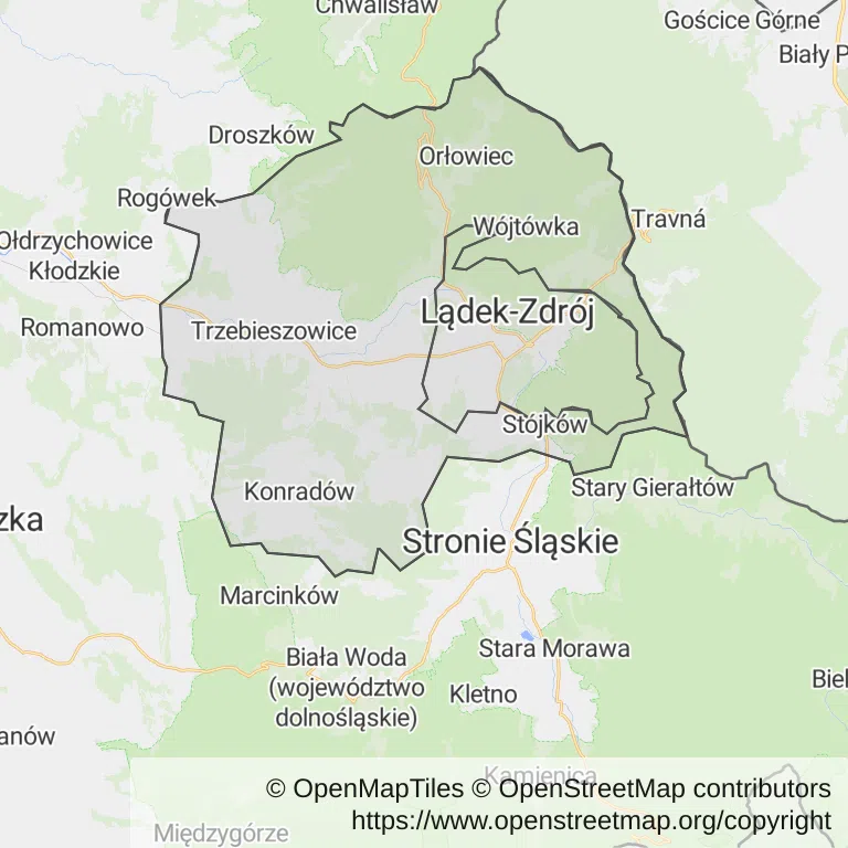 Mapa z zaznaczonym Lądku-Zdroju