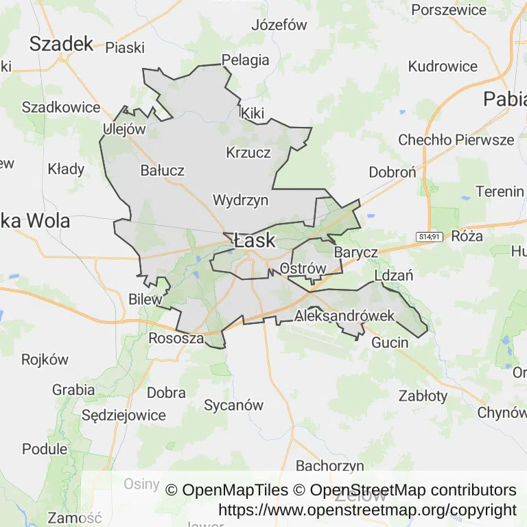 Mapa z zaznaczonym Łaskiem