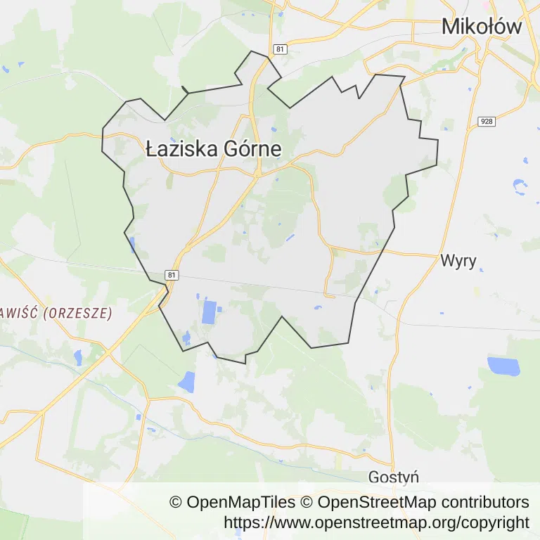 Mapa z zaznaczonym Łaziskach Górnych