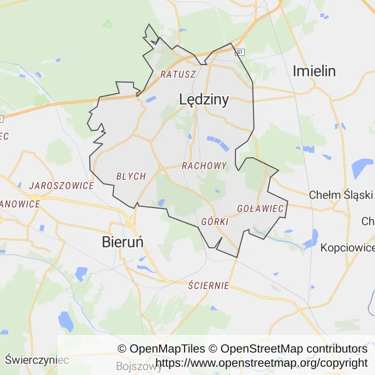 Mapa z zaznaczonym Lędzinami