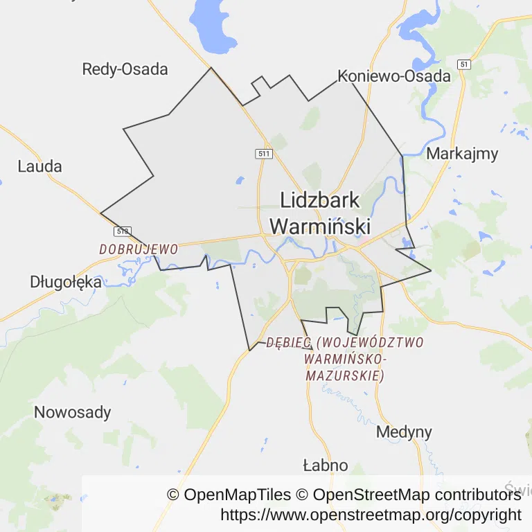 Mapa z zaznaczonym Lidzbarku Warmińskim